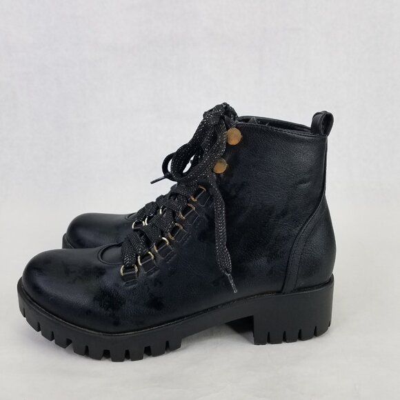 Chase + Chloe Storm Combat Boots Women 9 Black Block Heel Lug Sole Glitter Laces - Picture 3 of 15